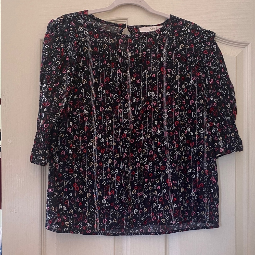 LOFT Black and Red Heart Print Blouse